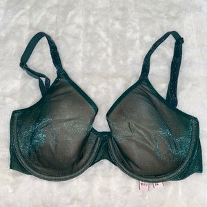 VICTORIAS SECRET Lined Perfect Coverage Bra Shimmer Sparkle Underwired Green 32D